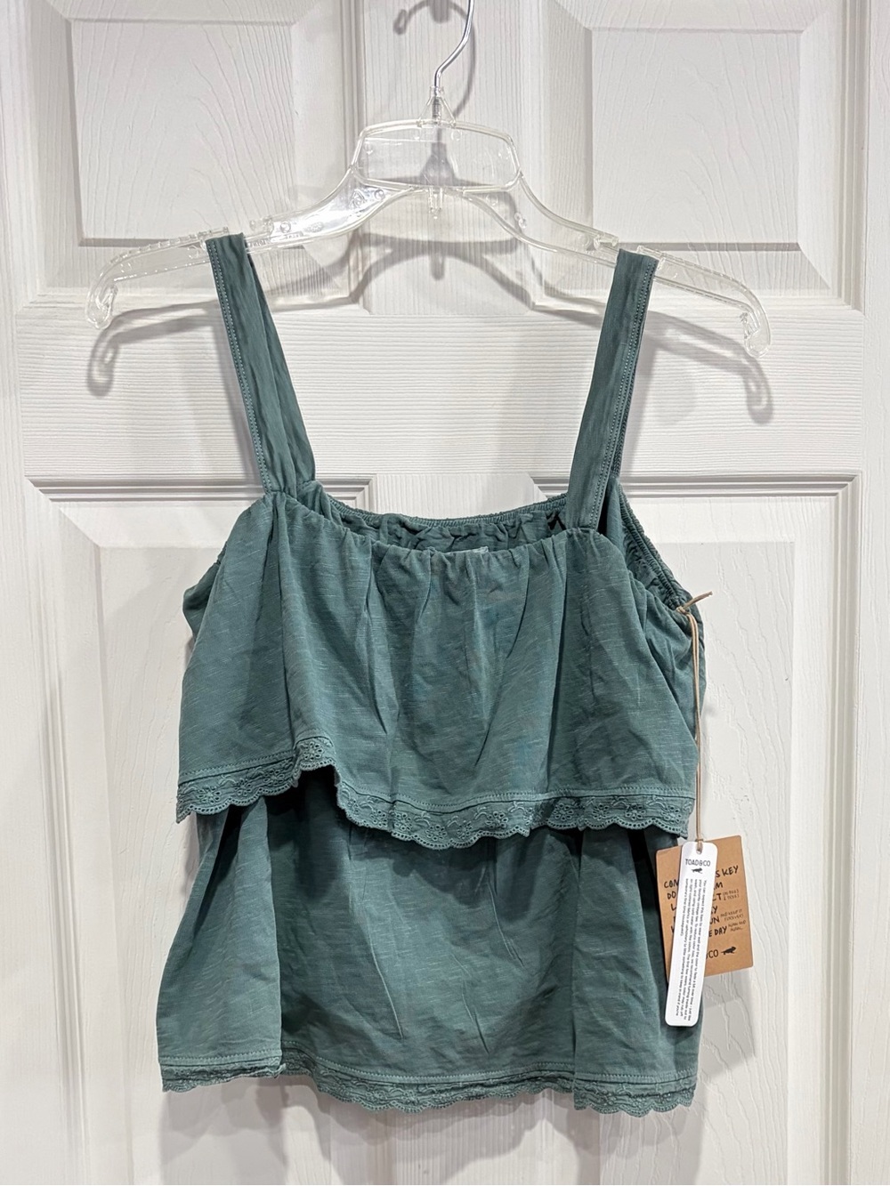 Toad&Co Women's Medium Primo Tiered Eyelette Tank Sage Blue NWT Organic Cotton